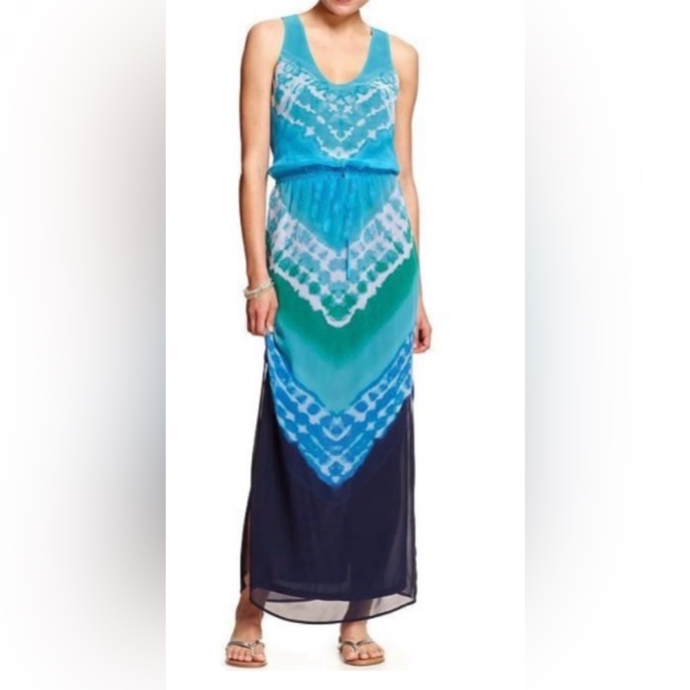 BANANA REPUBLIC OCEAN HUES SLEEVELESS TYE DYE CHIFFON MAXI DRESS SIZE 6
